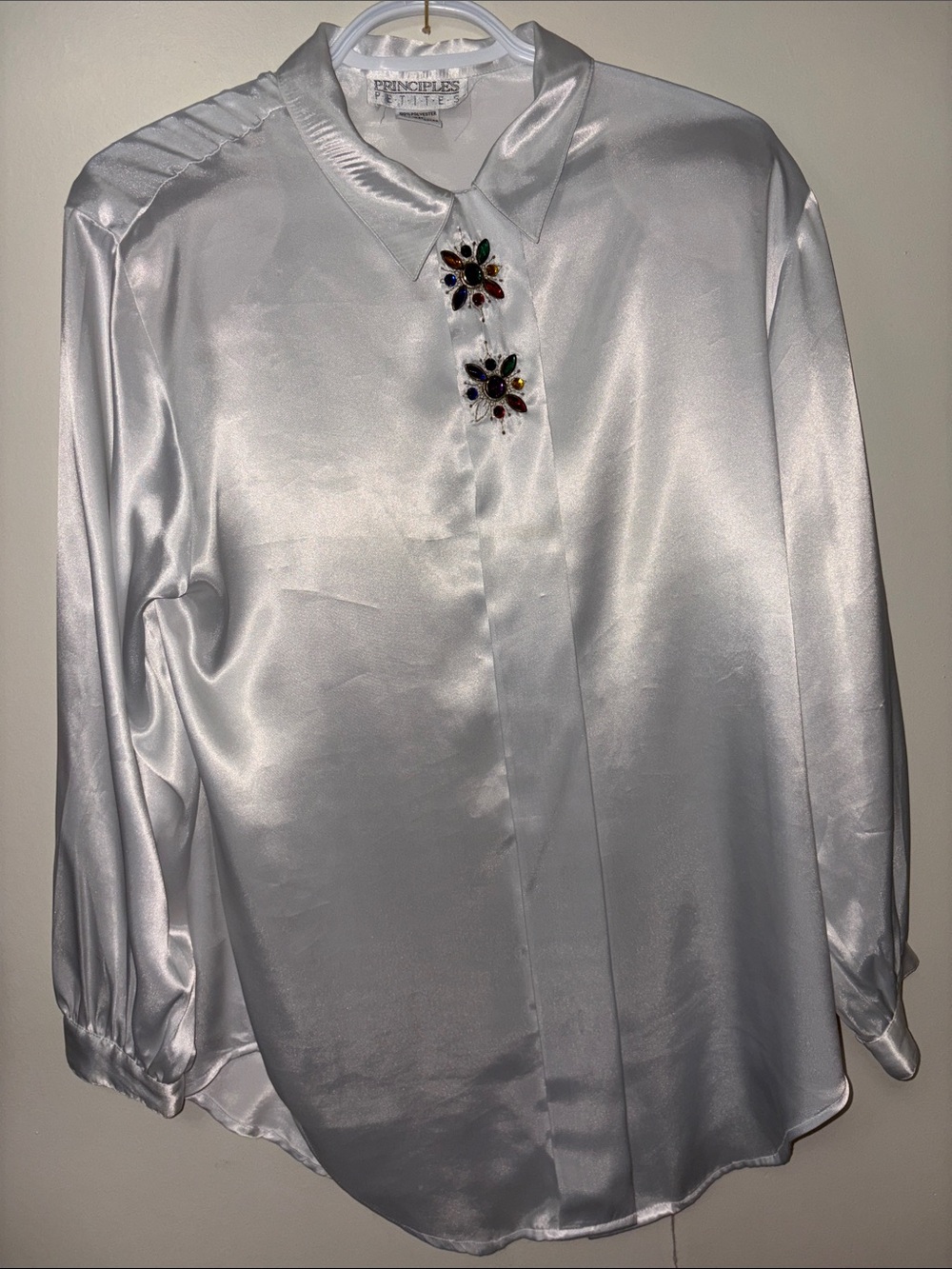 Principles White Satin Button-Down Blouse with Jeweled Accents